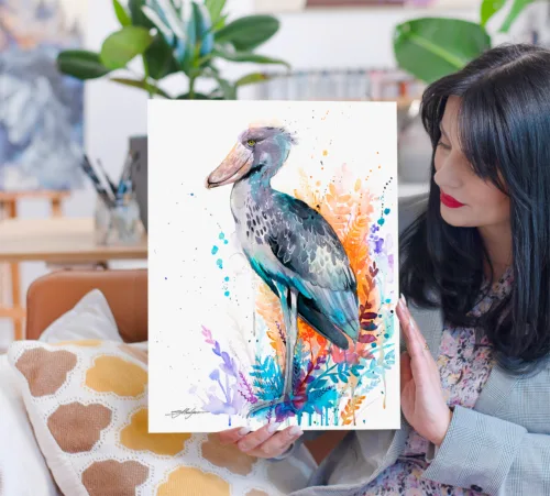 Shoebill watercolor painting, limited edition art print by Slaveika Aladjova, view 2