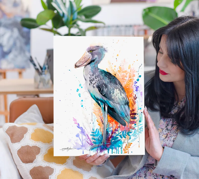Shoebill watercolor painting, limited edition art print by Slaveika Aladjova, view 2