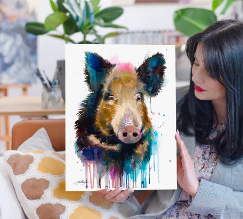 Wild boar watercolor painting, limited edition art print by Slaveika Aladjova, view 2