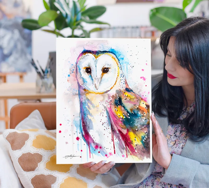 Barn owl watercolor painting, limited edition art print by Slaveika Aladjova