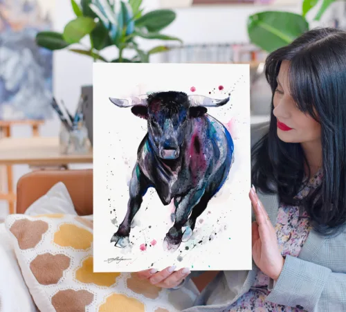 Black Bull watercolor painting print by Slaveika Aladjova Black bull watercolor painting, limited edition art print by Slaveika Aladjova