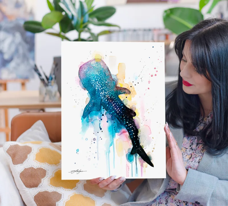 Whale shark from above, watercolor painting, limited edition art print by Slaveika Aladjova, view 4