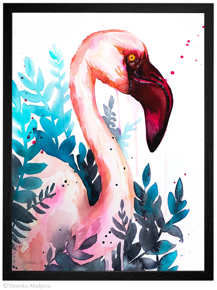 Lesser flamingo watercolor painting, limited edition art print by Slaveika Aladjova, view 2