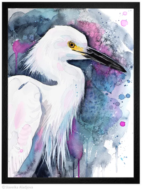 Snowy egret watercolor painting, limited edition art print by Slaveika Aladjova, view 2