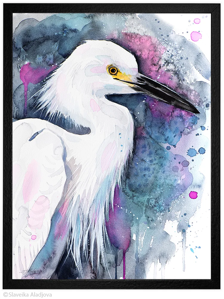 Snowy egret watercolor painting, limited edition art print by Slaveika Aladjova, view 2