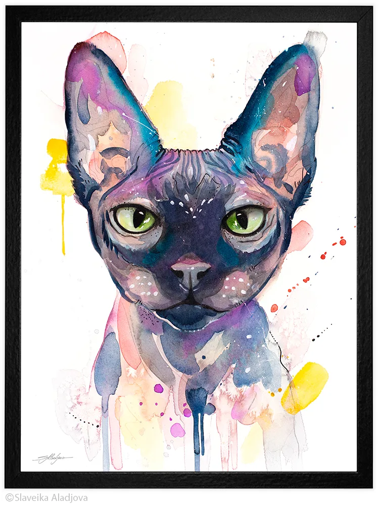 Sphynx cat watercolor painting, limited edition art print by Slaveika Aladjova, view 2