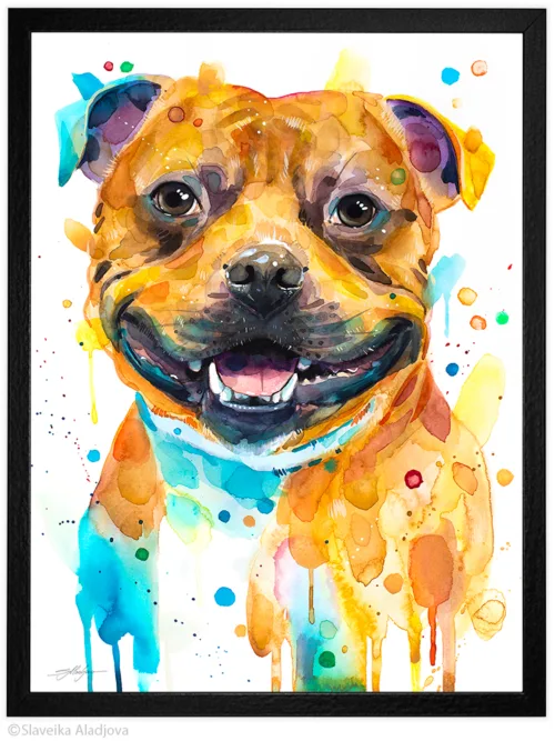 Staffordshire Bull Terrier watercolor painting, limited edition art print by Slaveika Aladjova, view 2
