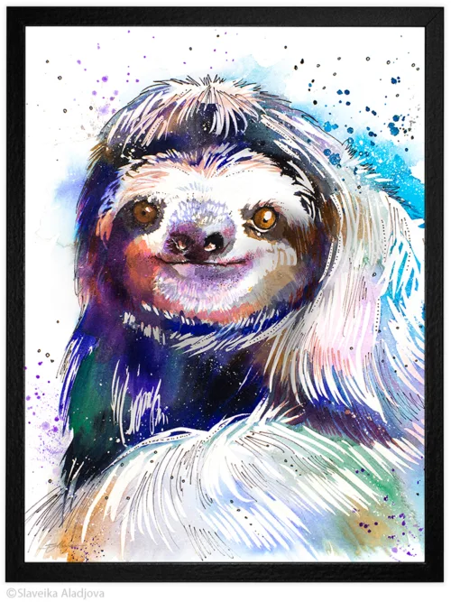 Three-toed sloth watercolor painting, limited edition art print by Slaveika Aladjova, view 2
