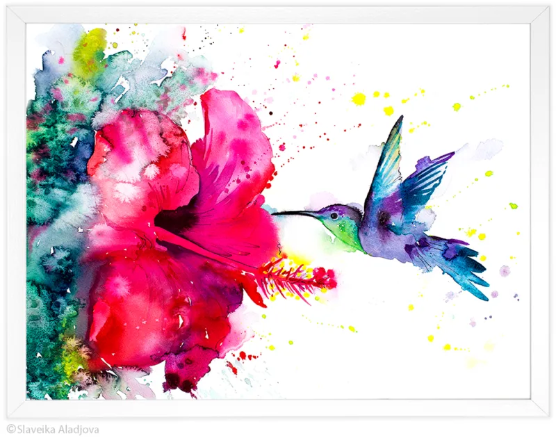 Violetear hummingbird watercolor painting in green and violet, limited edition art print by Slaveika Aladjova, view 4