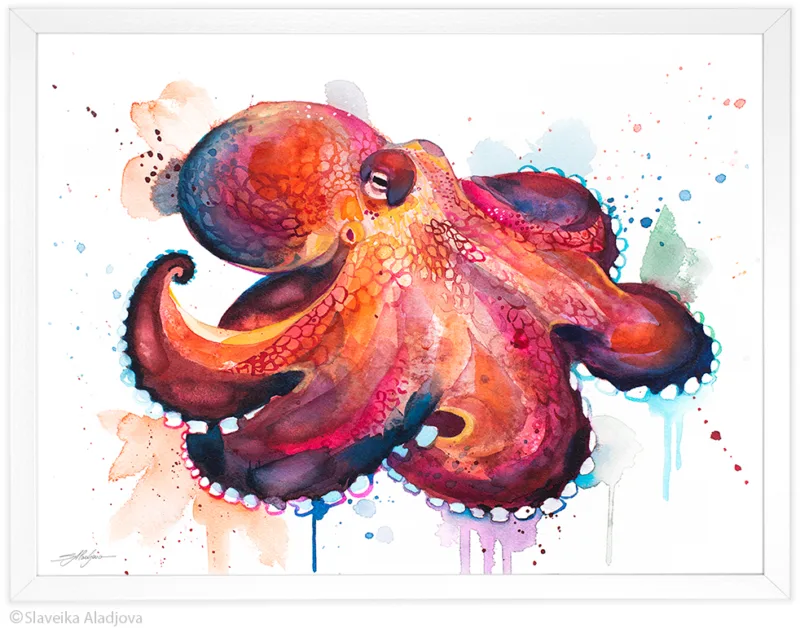 Coconut octopus watercolor painting, limited edition art print by Slaveika Aladjova, view 4