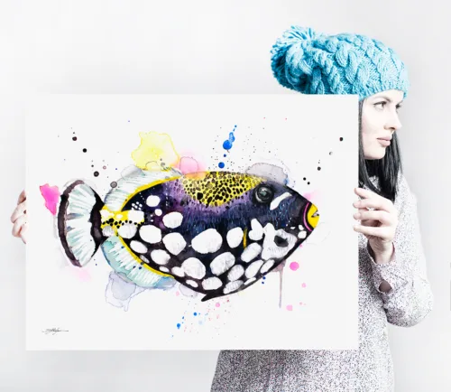 Clown triggerfish watercolor painting, limited edition art print by Slaveika Aladjova, view 2