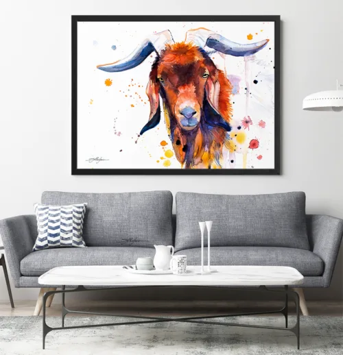 Red goat watercolor painting, limited edition art print by Slaveika Aladjova, view 2
