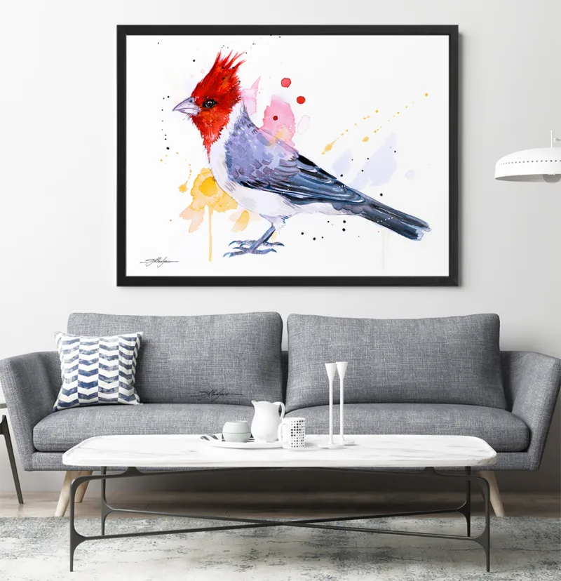 Red-crested cardinal watercolor painting, limited edition art print by Slaveika Aladjova, view 2