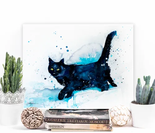 Black cat watercolor painting, limited edition art print by Slaveika Aladjova, view 2
