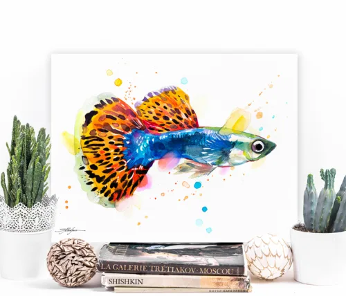 Guppy, Rainbow fish Guppy watercolor painting, limited edition art print by Slaveika Aladjova
