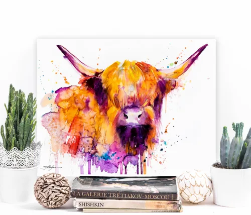 Highland cow watercolor painting, limited edition art print by Slaveika Aladjova, view 2