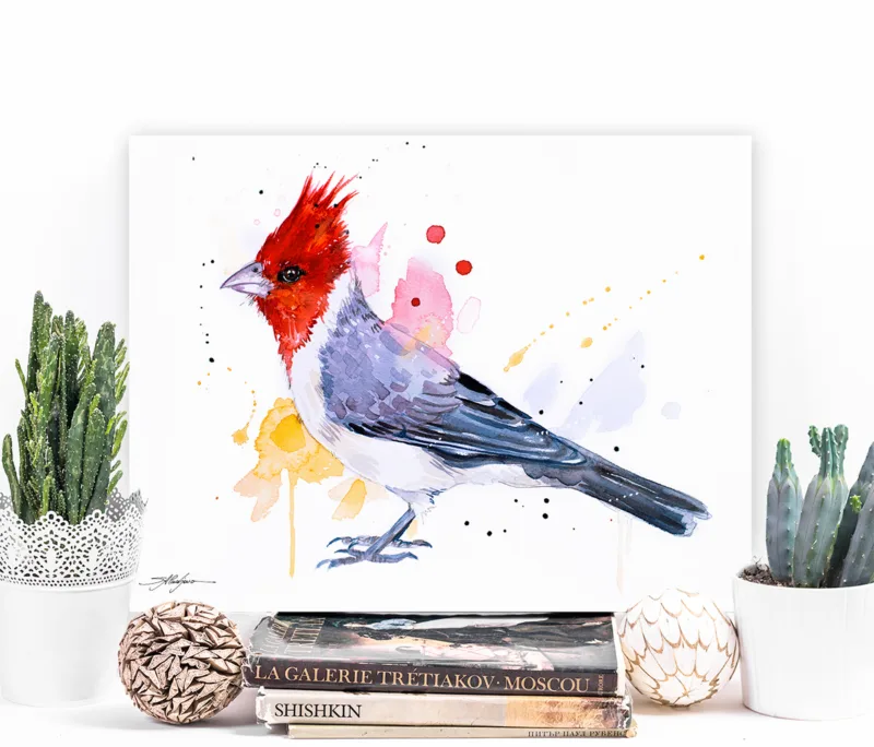 Red-crested cardinal watercolor painting, limited edition art print by Slaveika Aladjova, view 3
