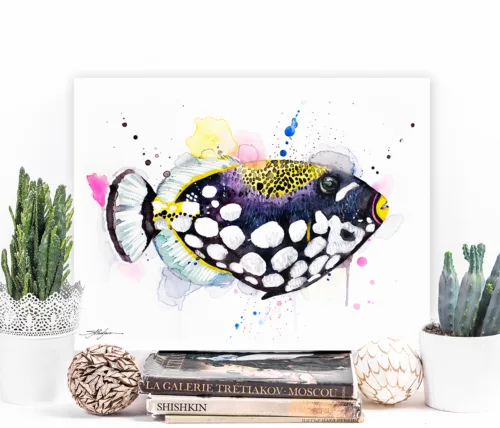 Clown triggerfish watercolor painting, limited edition art print by Slaveika Aladjova