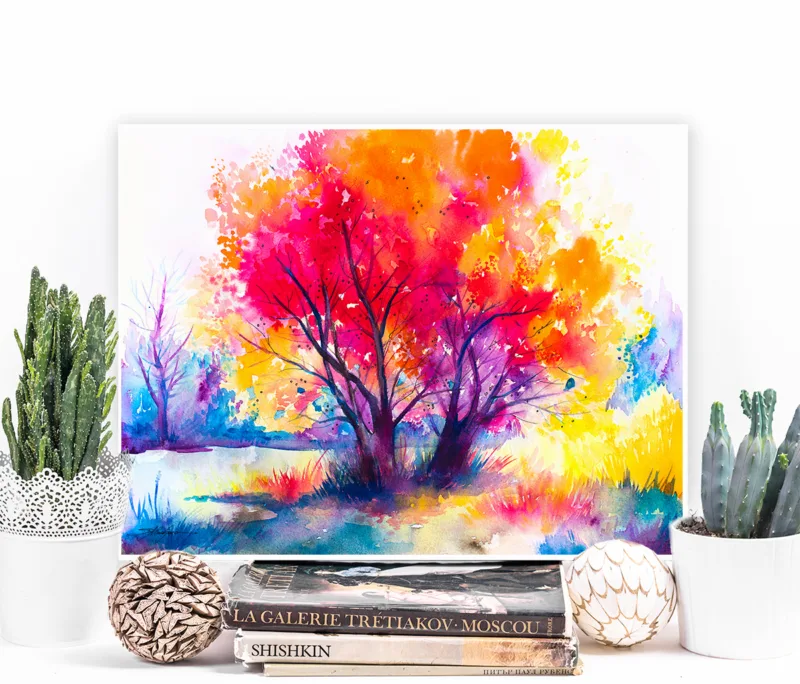 Colorful tree watercolor painting, limited edition art print by Slaveika Aladjova, view 2