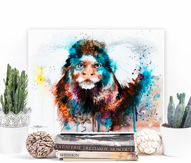Common marmoset watercolor painting, limited edition art print by Slaveika Aladjova, view 3