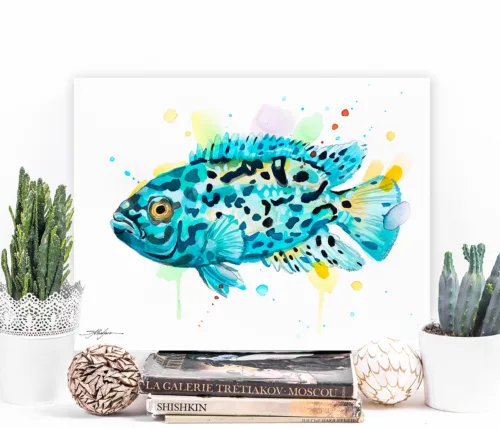 Electric blue Jack Dempsey watercolor painting, limited edition art print by Slaveika Aladjova