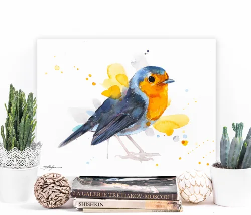 European robin watercolor painting, limited edition art print by Slaveika Aladjova, view 2