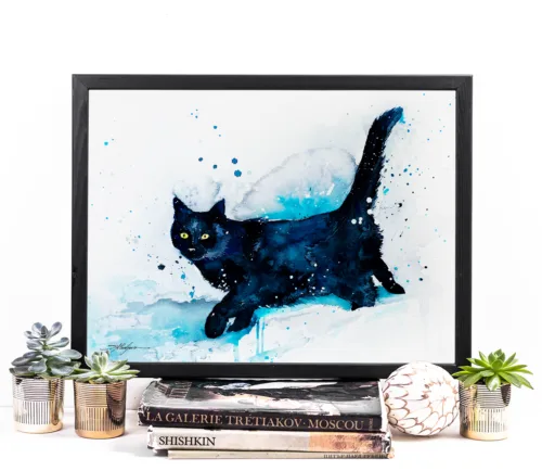 Black cat watercolor painting, limited edition art print by Slaveika Aladjova