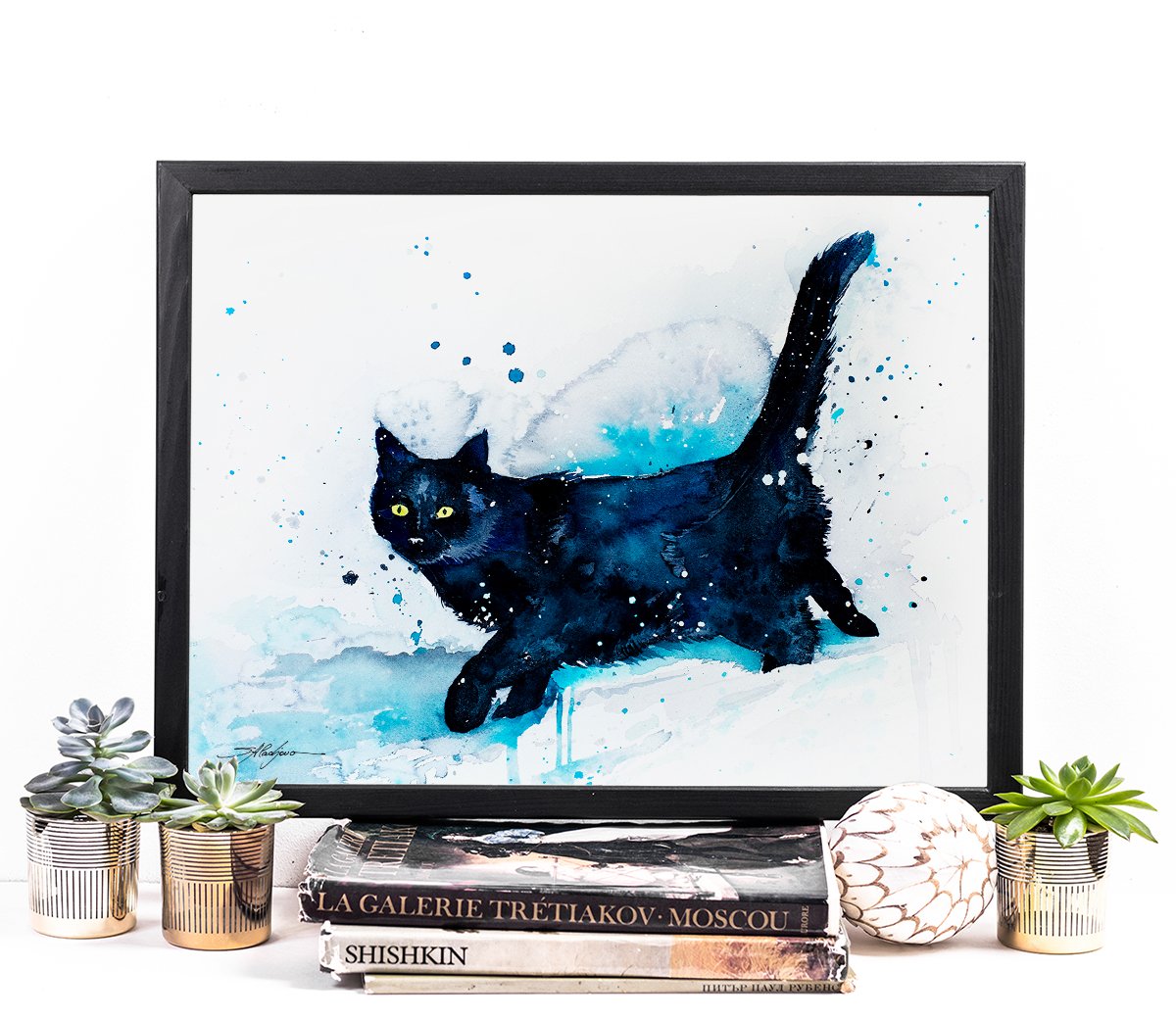 Black cat watercolor painting print