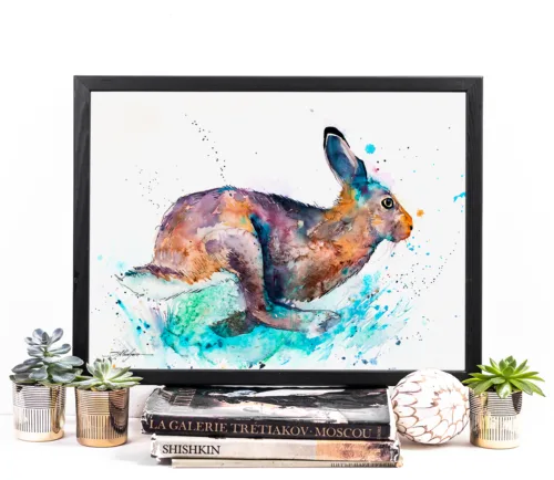 Running brown hare watercolor painting, limited edition art print by Slaveika Aladjova, view 2