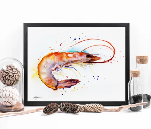 Shrimp watercolor painting, limited edition art print by Slaveika Aladjova, view 2