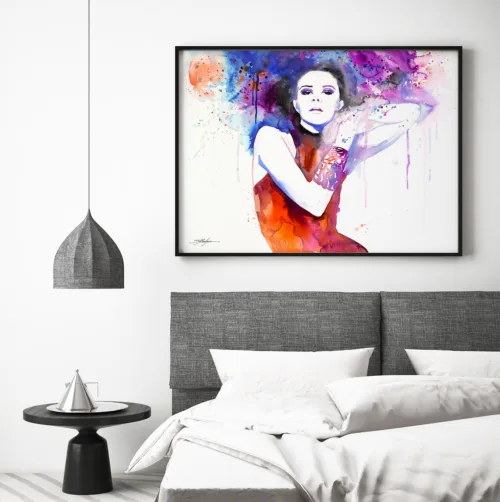 Colorful girl Woman in red dress with blue and violet hair, watercolor painting, limited edition art print by Slaveika Aladjova