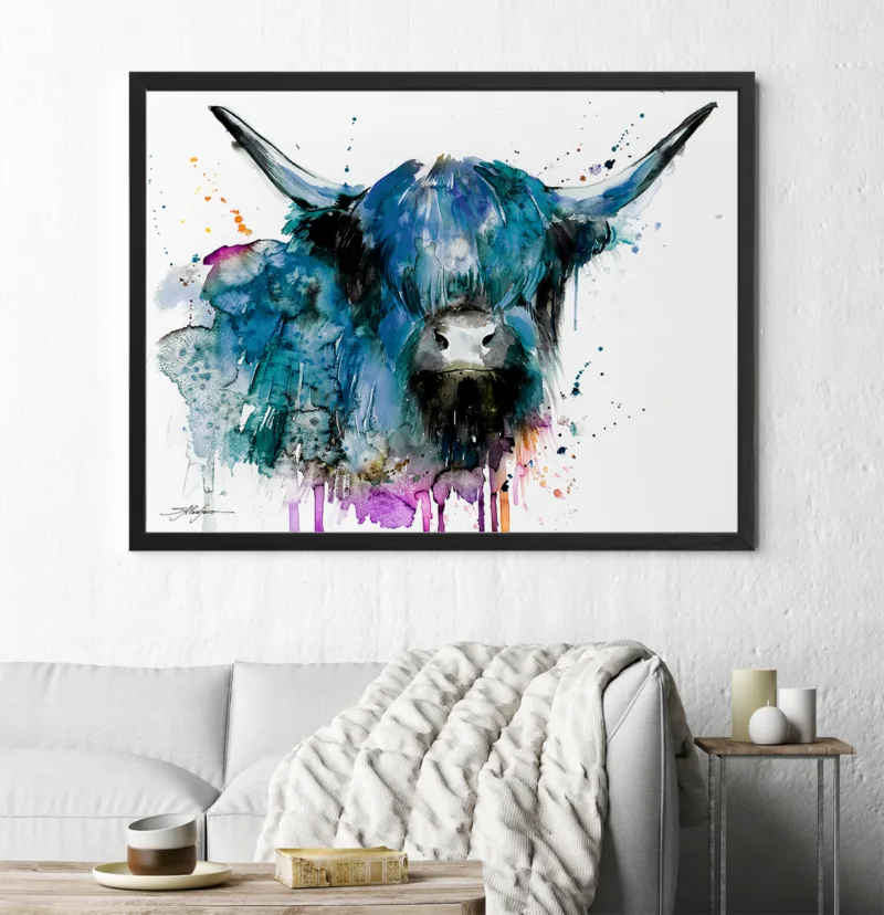 Black Highland cow watercolor painting, limited edition art print by Slaveika Aladjova, view 2