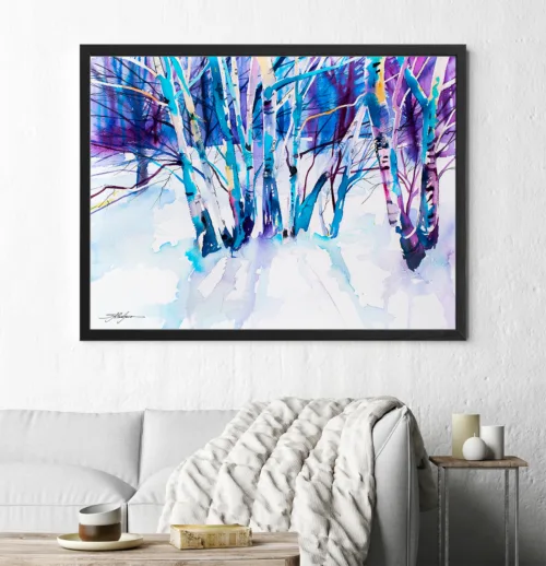 Winter birch forest watercolor painting, limited edition art print by Slaveika Aladjova, view 2