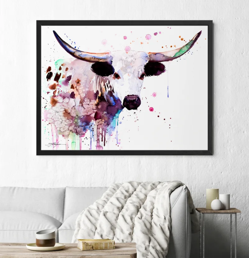 Texas longhorn watercolor painting, limited edition art print by Slaveika Aladjova
