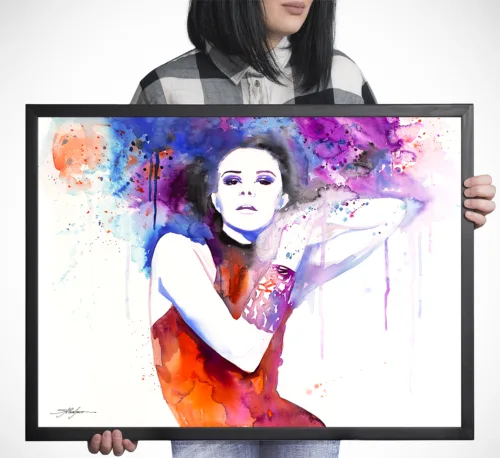 Woman in red dress with blue and violet hair, watercolor painting, limited edition art print by Slaveika Aladjova, view 2