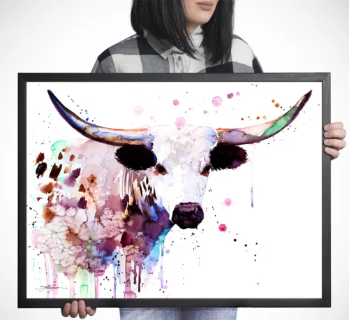 Texas longhorn watercolor painting, limited edition art print by Slaveika Aladjova, view 2