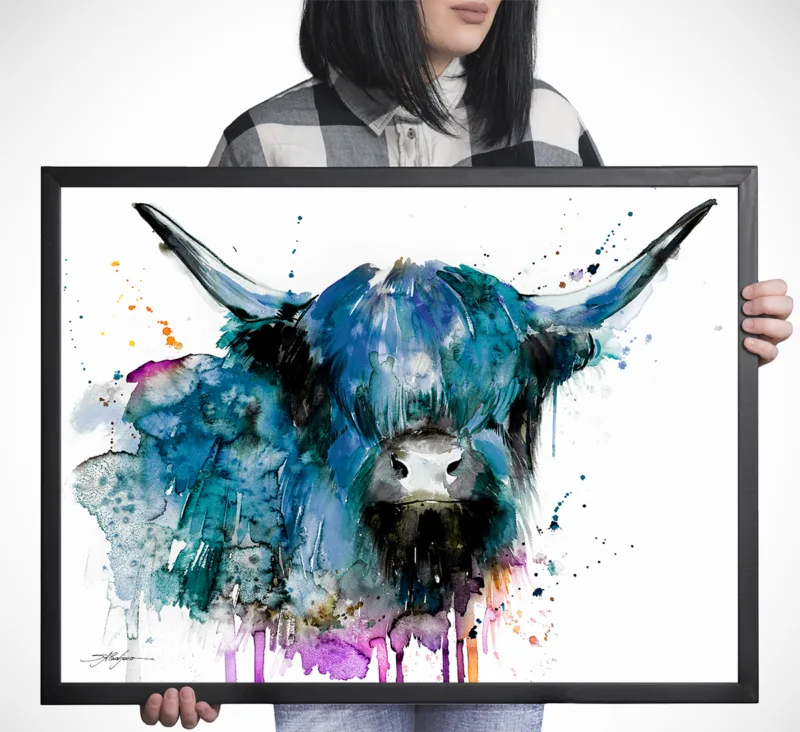 Black Highland cow watercolor painting, limited edition art print by Slaveika Aladjova, view 3