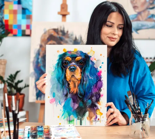 Black and tan Cavalier King Charles spaniel watercolor painting, limited edition art print by Slaveika Aladjova
