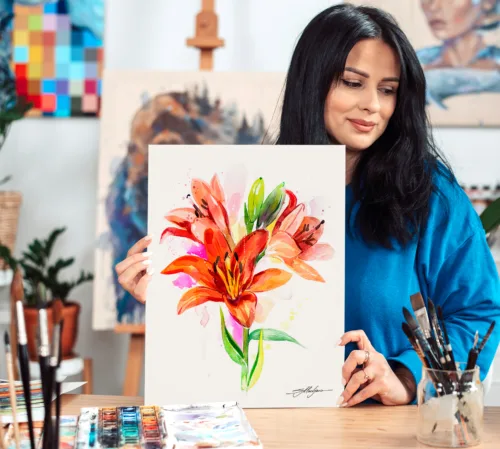 Orange lilies watercolor painting, limited edition art print by Slaveika Aladjova, view 2