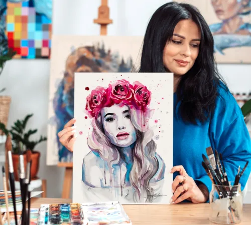Girl with a crown of red roses, watercolor portrait, limited edition art print by Slaveika Aladjova, view 2
