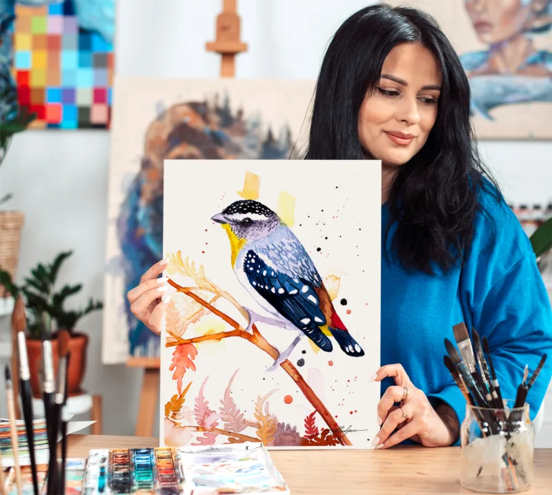 Spotted pardalote watercolor painting, limited edition art print by Slaveika Aladjova, view 2