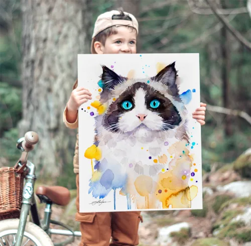 Ragdoll cat watercolor painting, limited edition art print by Slaveika Aladjova, view 2