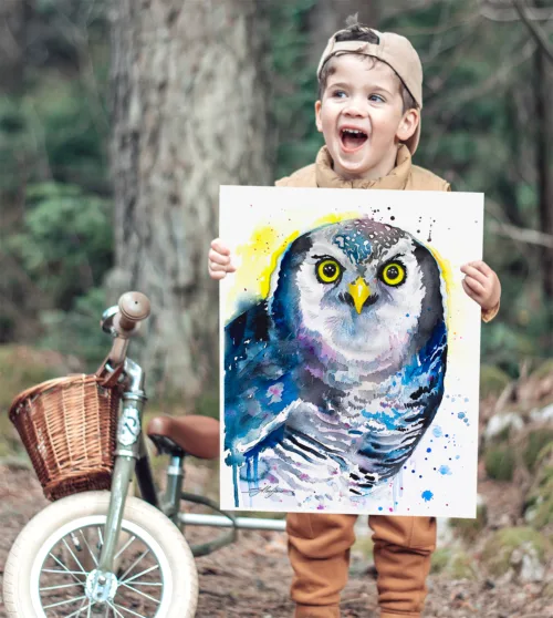 Northern hawk-owl watercolor painting, limited edition art print by Slaveika Aladjova, view 2