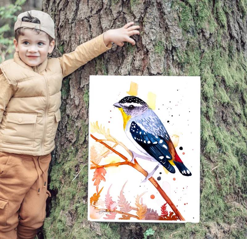 Spotted pardalote watercolor painting, limited edition art print by Slaveika Aladjova, view 3