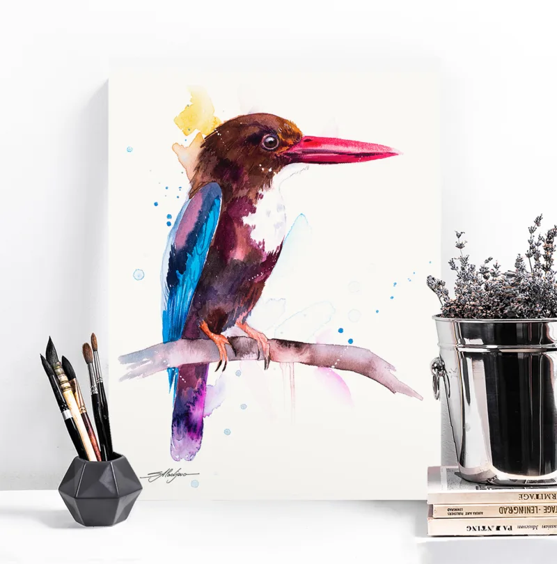 White-throated kingfisher watercolor painting, limited edition art print by Slaveika Aladjova, view 3