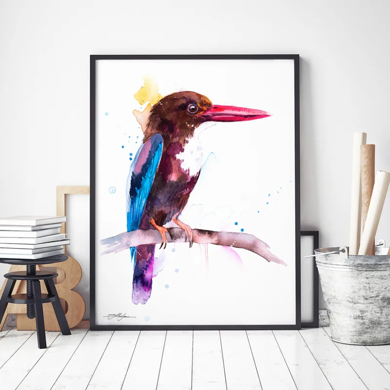 White-throated kingfisher watercolor painting, limited edition art print by Slaveika Aladjova, view 4