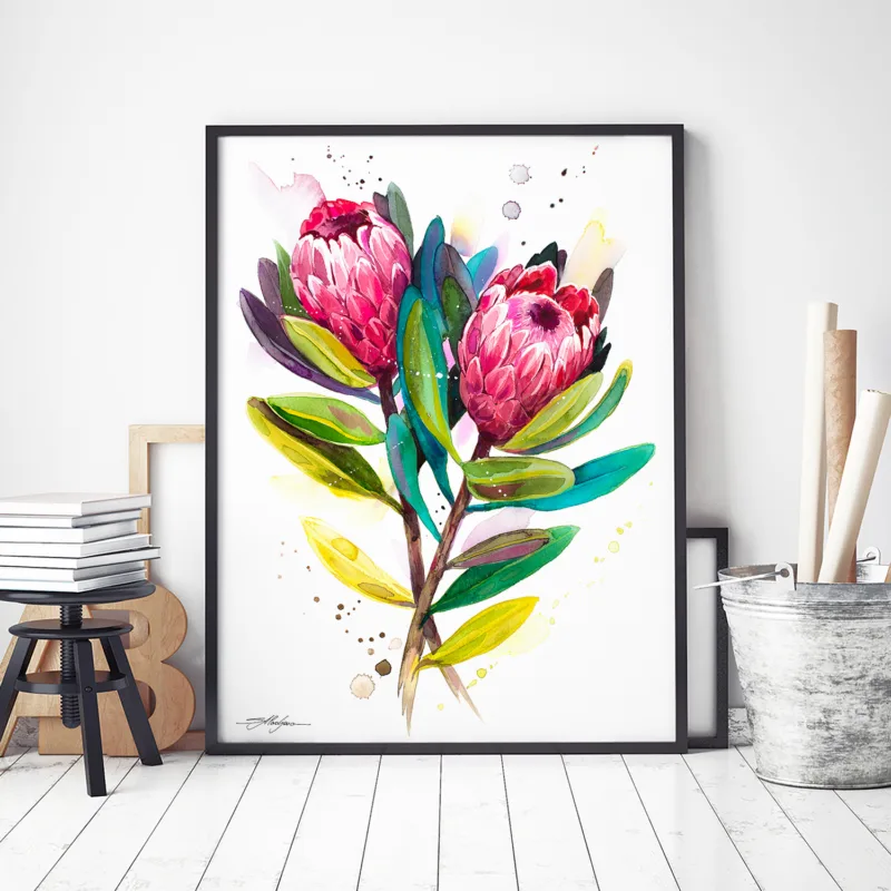 Protea Pink Ice watercolor painting, limited edition art print by Slaveika Aladjova, view 3
