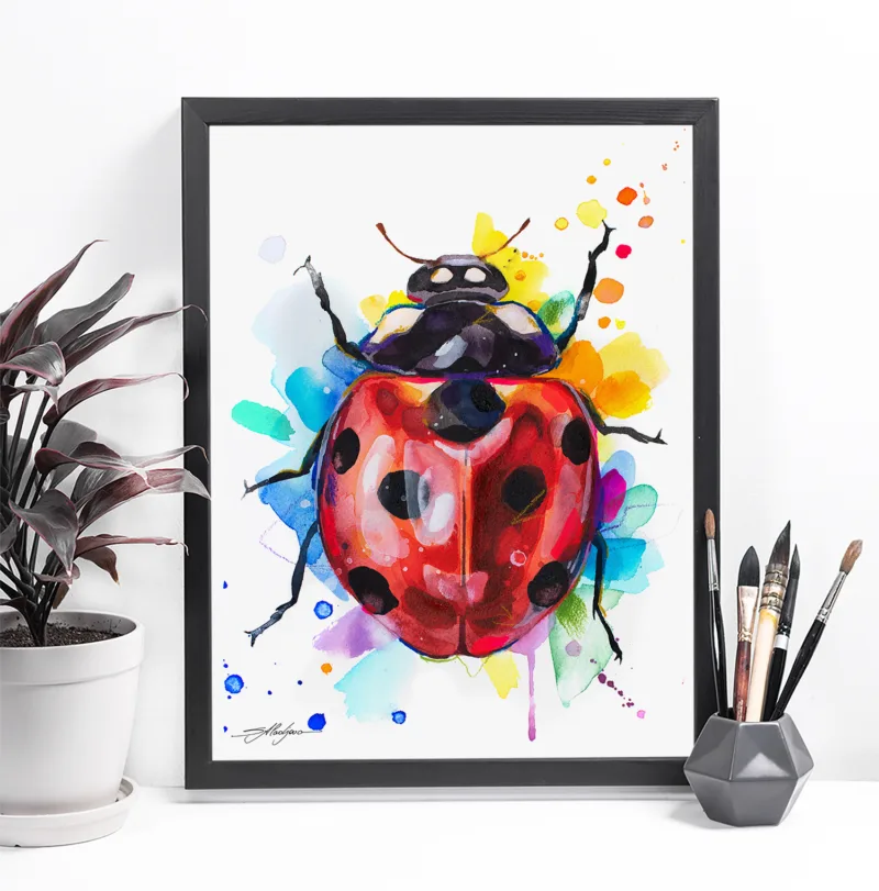 Ladybug watercolor painting, limited edition art print by Slaveika Aladjova, view 3