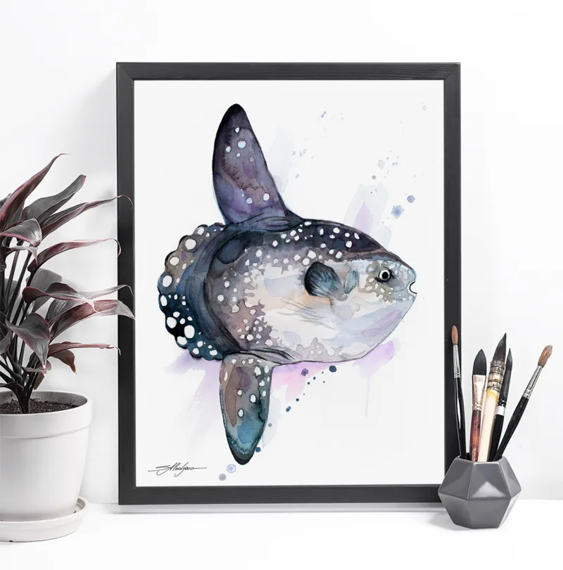 Ocean sunfish Mola mola watercolor painting, limited edition art print by Slaveika Aladjova, view 3