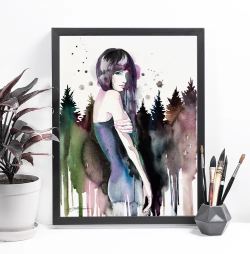 Forest girl watercolor painting, limited edition art print by Slaveika Aladjova